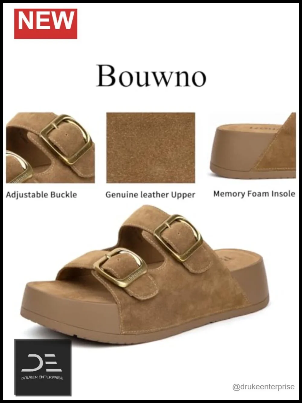 Genuine Leather Slip-on Platform Sandals with Memory Foam